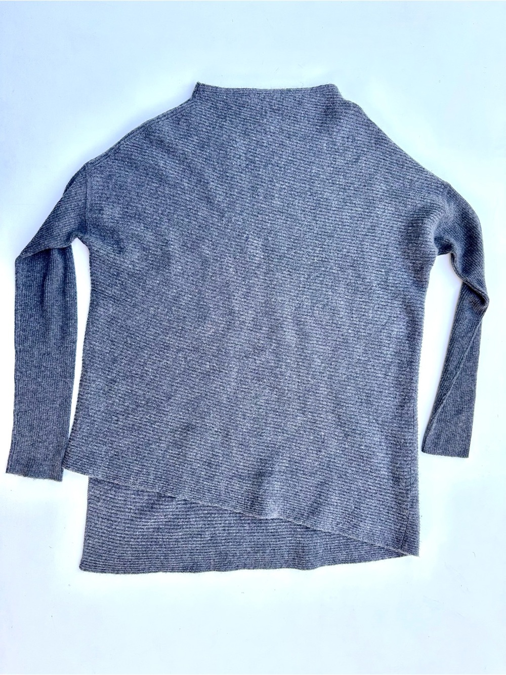Nordstrom 100% Cashmere Slouchy Asymmetrical Gray Ribbed Cowl-Neck Sweater, S